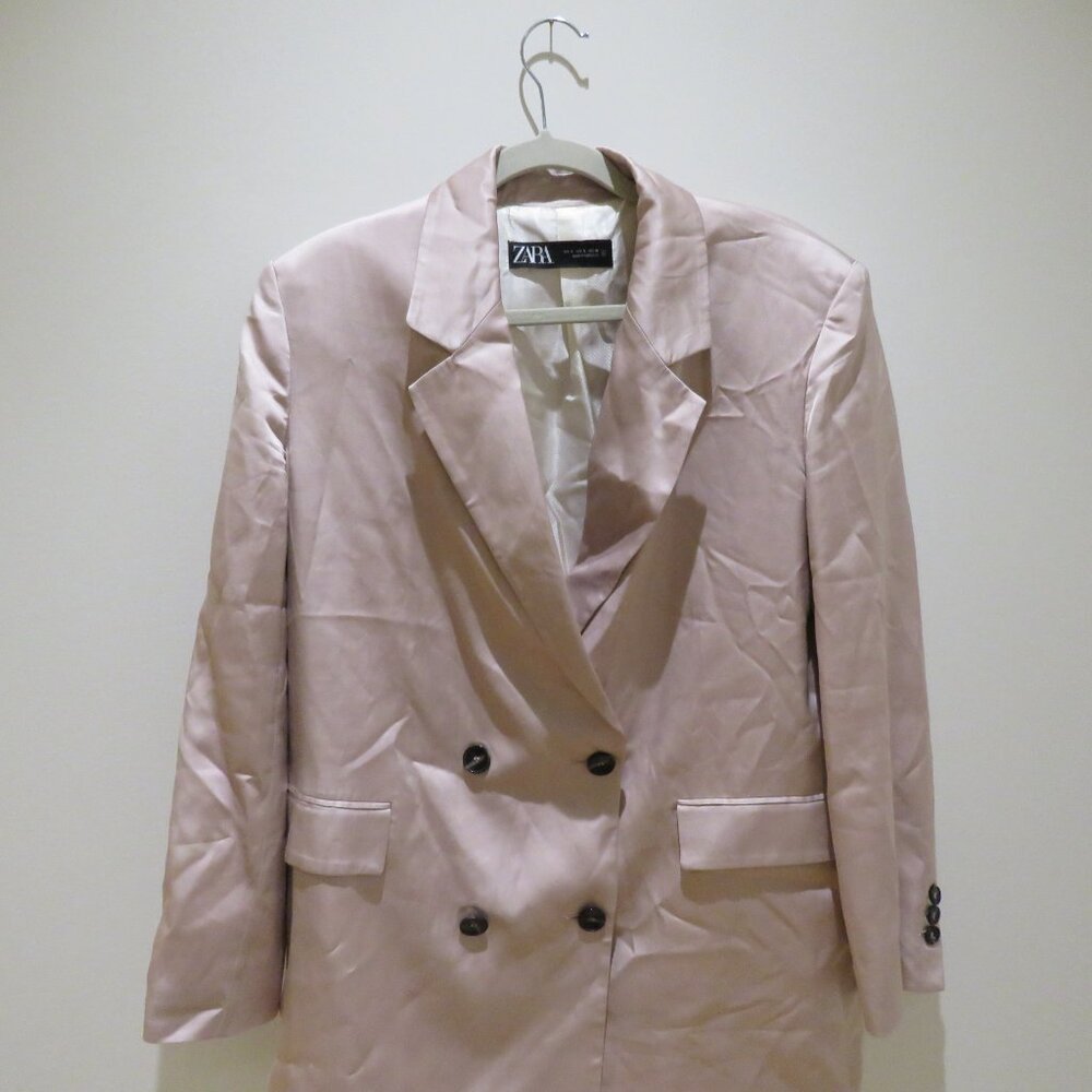 ZARA Long Buttoned Collared Satin Blazer in Blush Pink Pastel Preppy - Size S - Picture 3 of 14